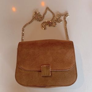 Mango Carmel purse with gold chain strap.